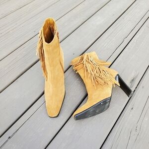 Vintage 90s y2k Camel Tan Suede Leather Fringe Western Cowgirl Boho Bratz Boots